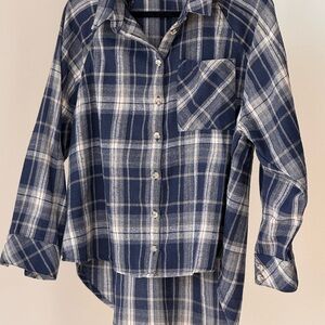 Final Touch Blue Plaid Button Down Shirt | High Low Hem Oversized Small